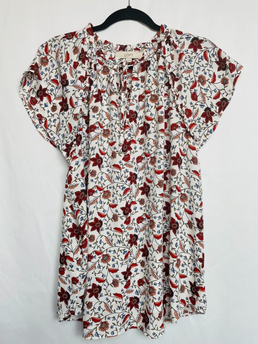 LOFT Red Orange Floral Ruffle Neck Tie Front Short Flutter Sleeve Blouse XL